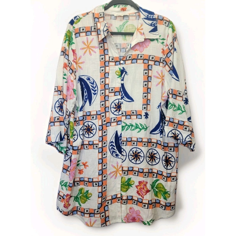 Label of Love Shirt Dress Tropical Fruit Beach Artsy Rayon Linen Blend Womens LG